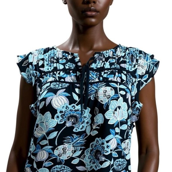 LOFT Floral Boho Peasant Blouse Short Sleeve Womens Sz Small Coastal Blue Multi - Picture 1 of 9